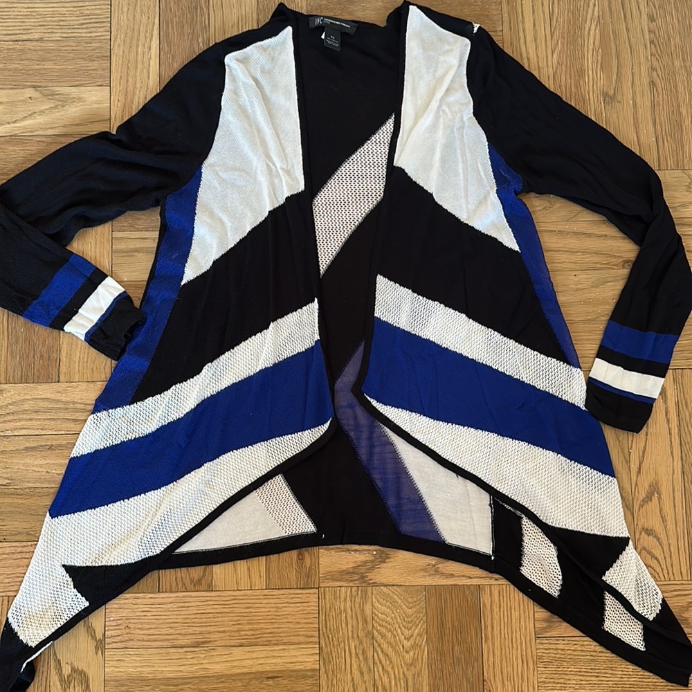 EUC INC White, Black, and Royal Blue Open Cardigan